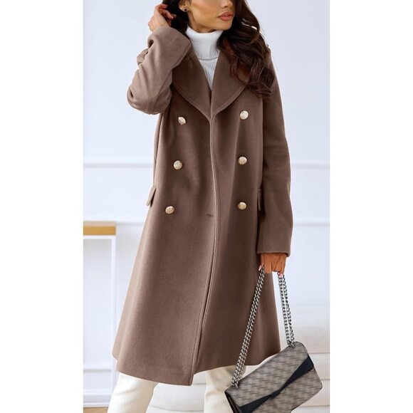 Women's Khaki Double-Breasted Wool Blend Winter Jacket Warm Long Trench Coat - Picture 2 of 6